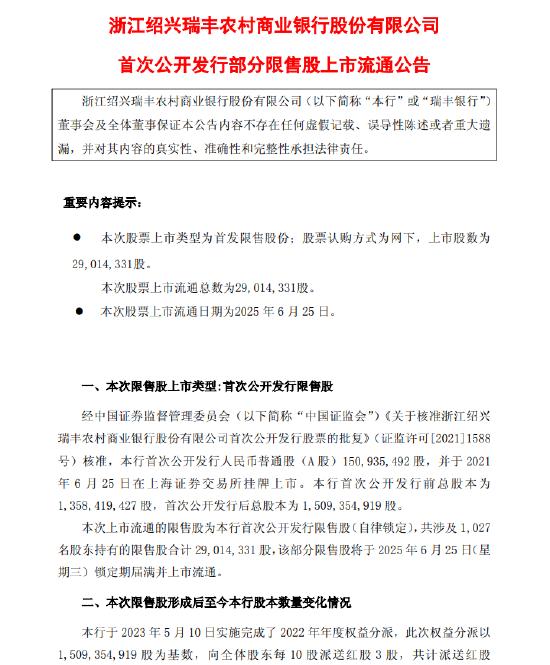 瑞丰银行:首次公开发行部分限售股上市流通 流通日期为2025年6月25日 第1张 瑞丰银行:首次公开发行部分限售股上市流通 流通日期为2025年6月25日 第1张