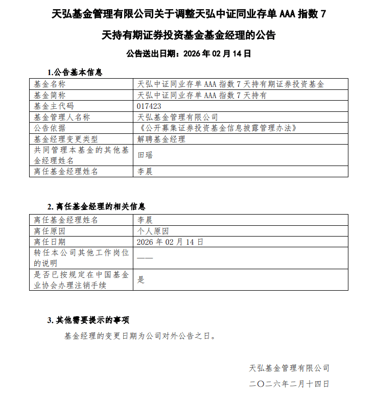 天弘中证同业存单AAA指数7天持有基金经理变更 李晨离任  第1张