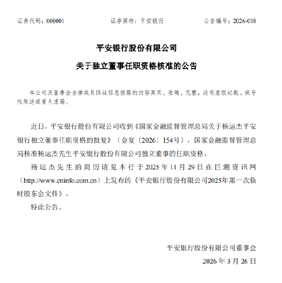 平安银行:杨运杰独立董事任职资格获批 第1张 平安银行:杨运杰独立董事任职资格获批 第1张